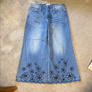 DRIFTWOOD Blue Embroidered Flare Jeans with Scallop Hem Sz 29